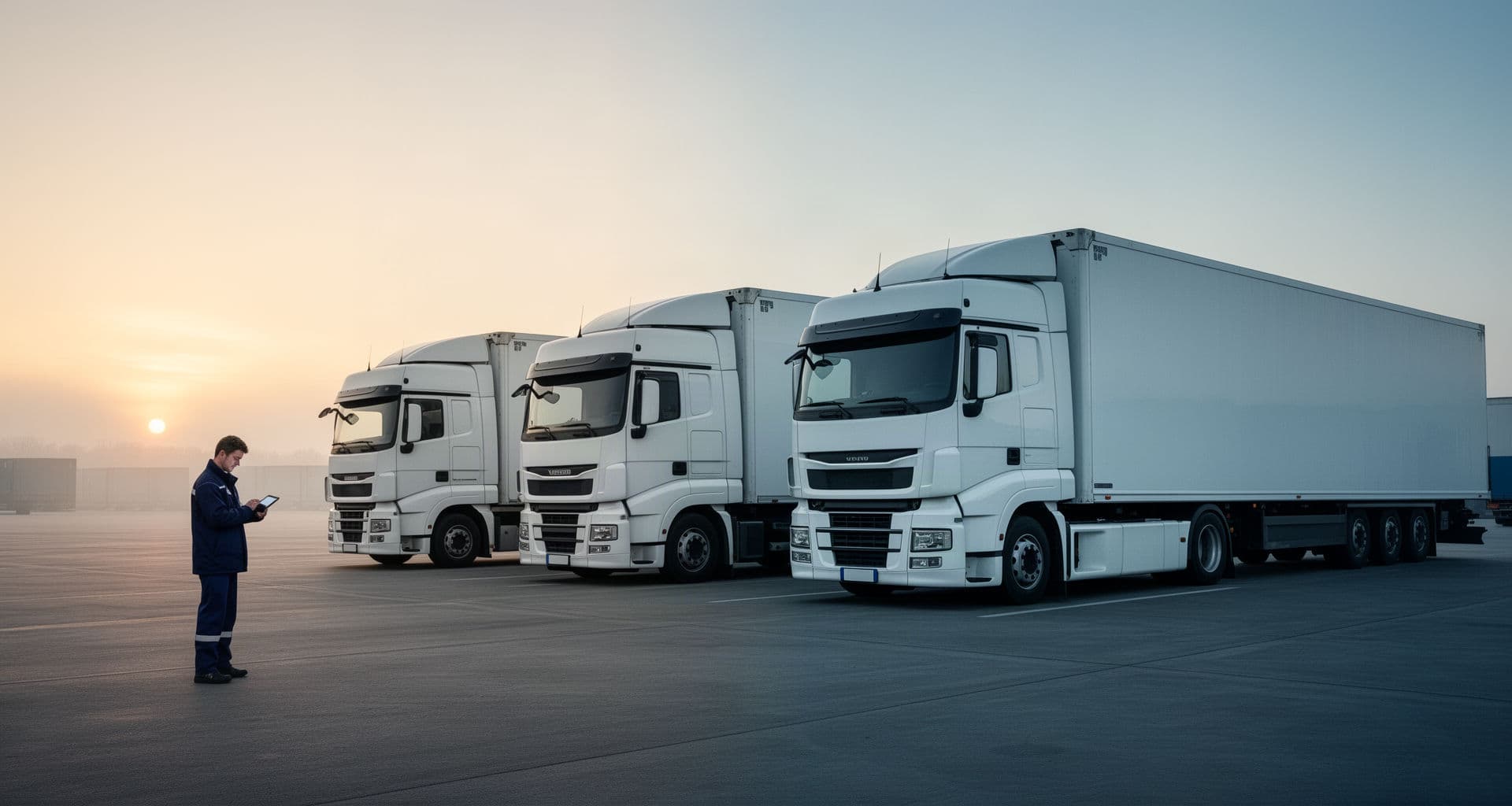 Commercial truck fleet undergoing an early-morning yard inspection