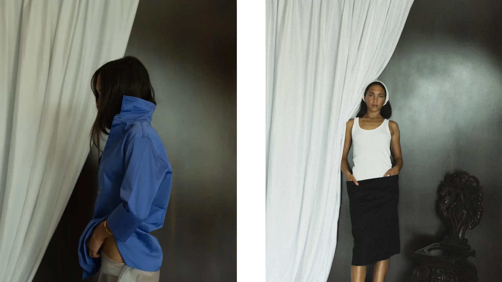 Two ESANT fashion looks photographed against white drapery