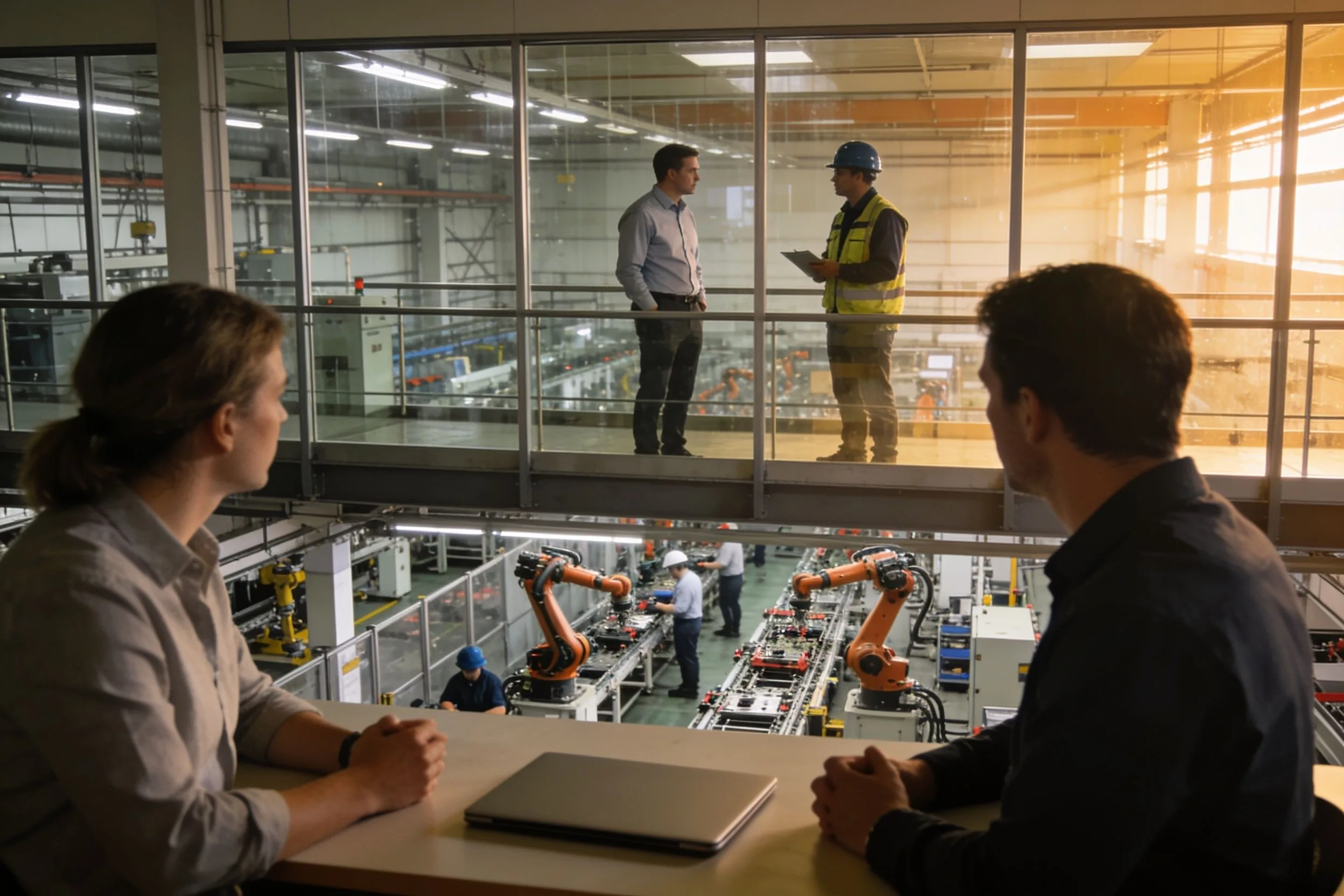 Operations and maintenance colleagues reviewing a production issue above an active factory floor