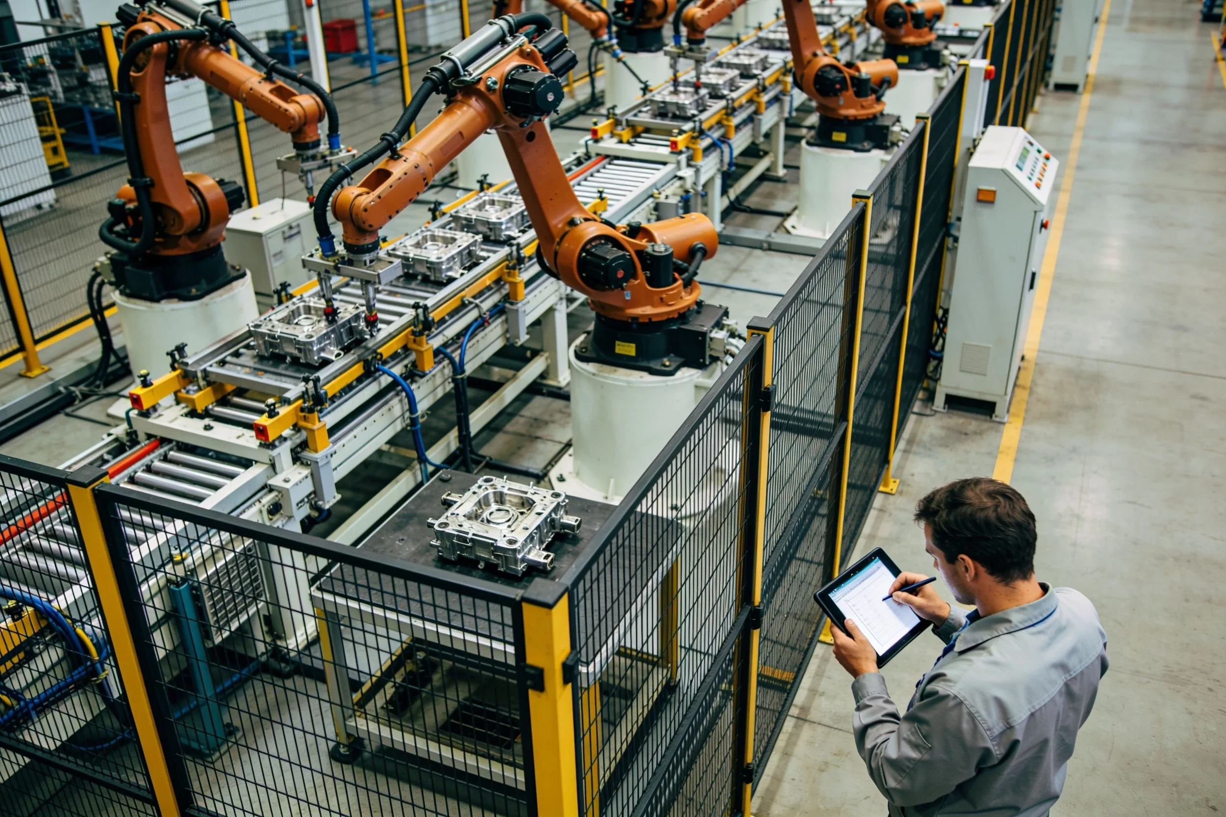 Quality technician recording an inspection beside a guarded robotic assembly line