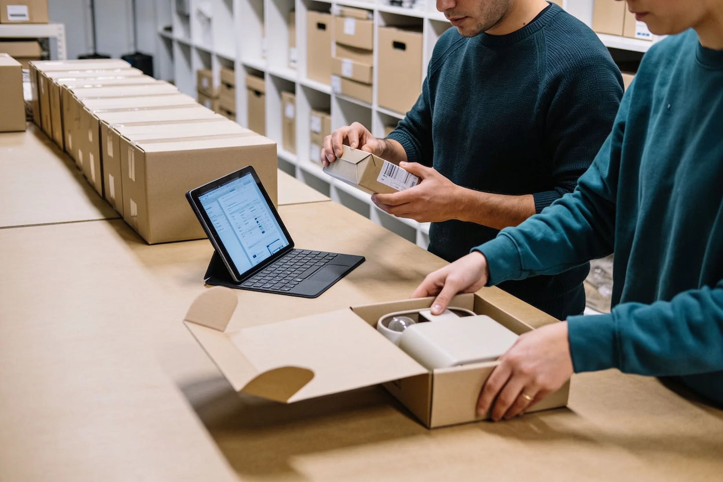 Retail staff checking and packing a home-goods order at a small fulfillment table