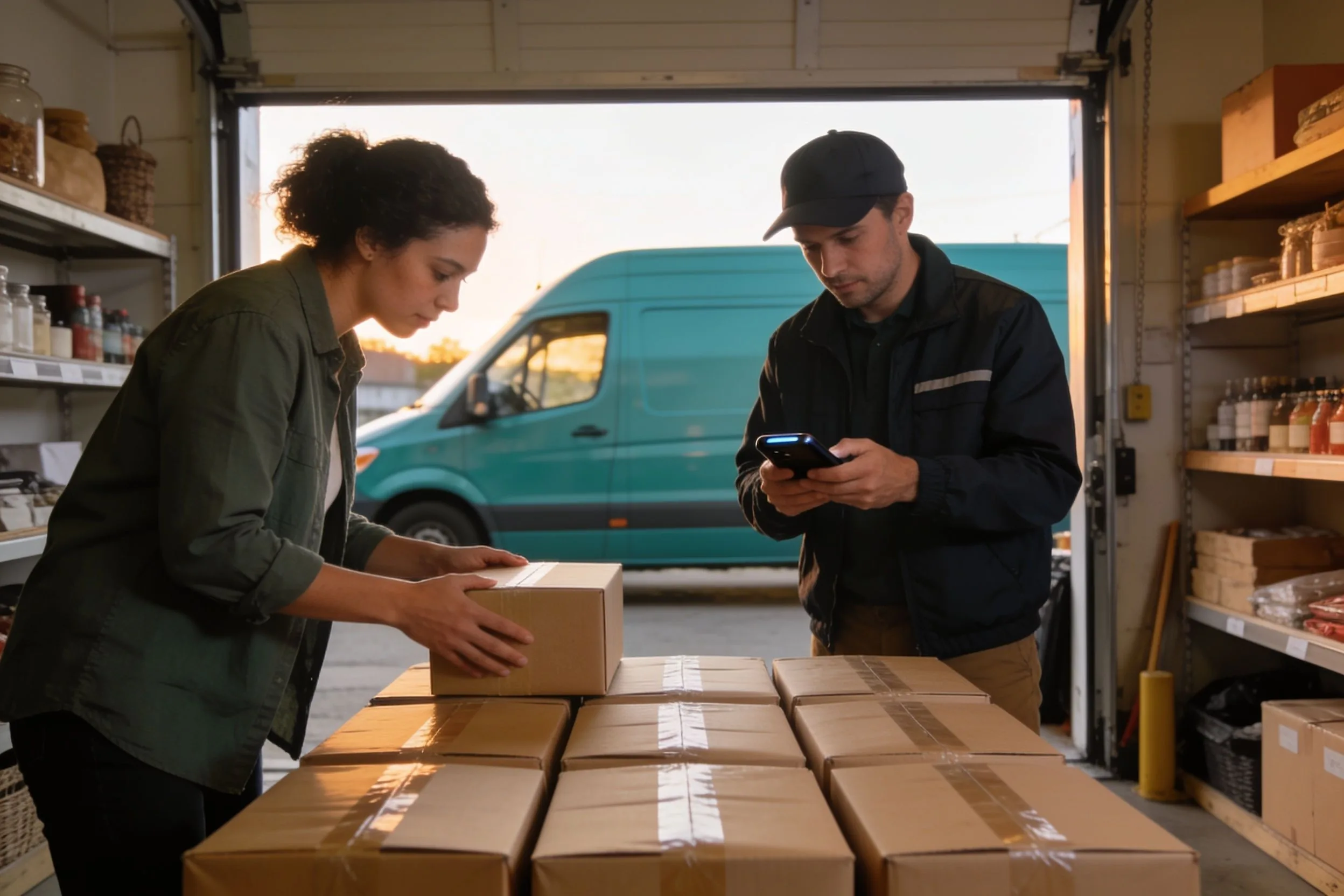 Shop worker and courier checking parcels during a carrier pickup
