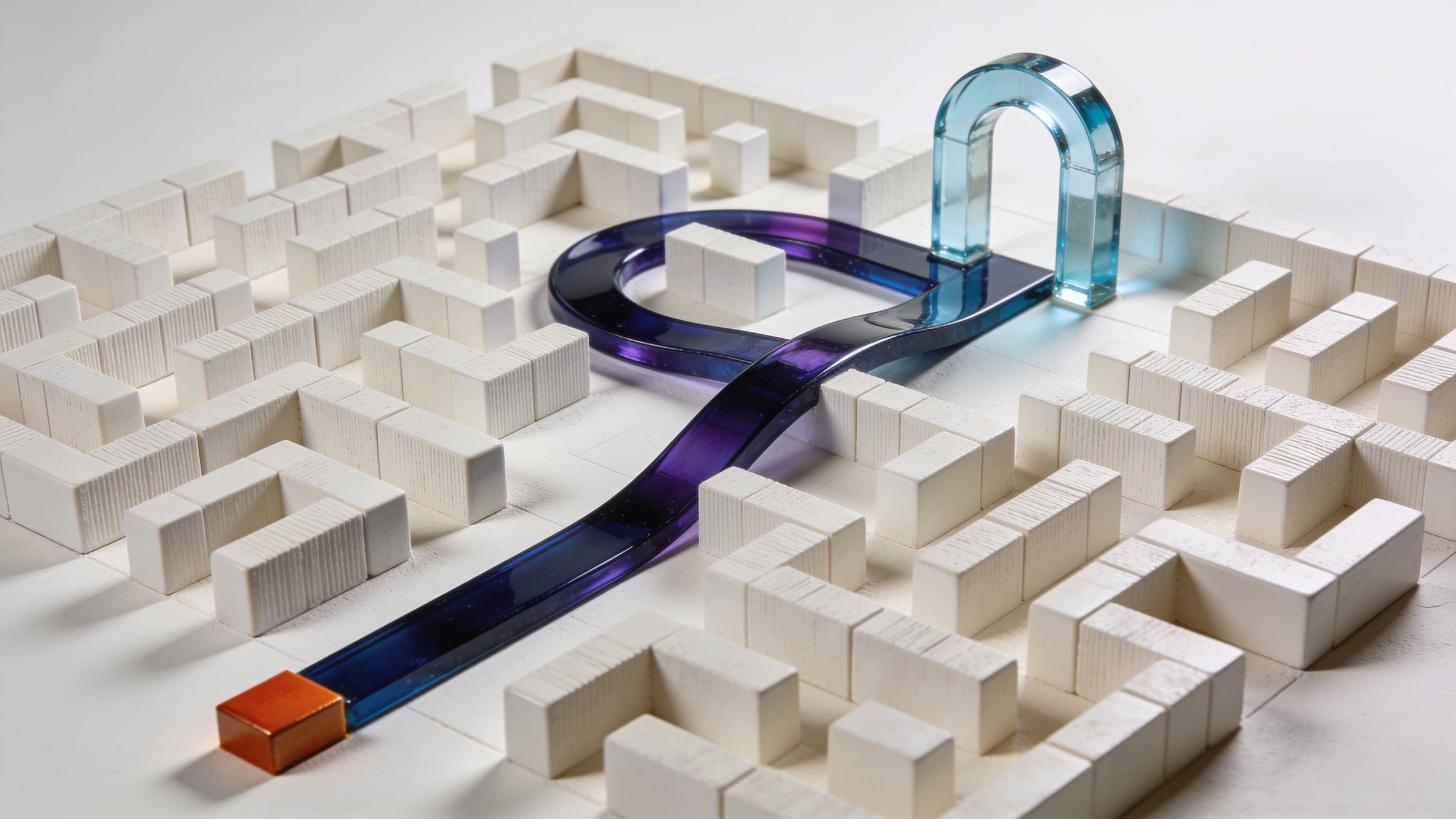 A cobalt path passes through an architectural arrangement of ivory blocks and a cyan glass arch.