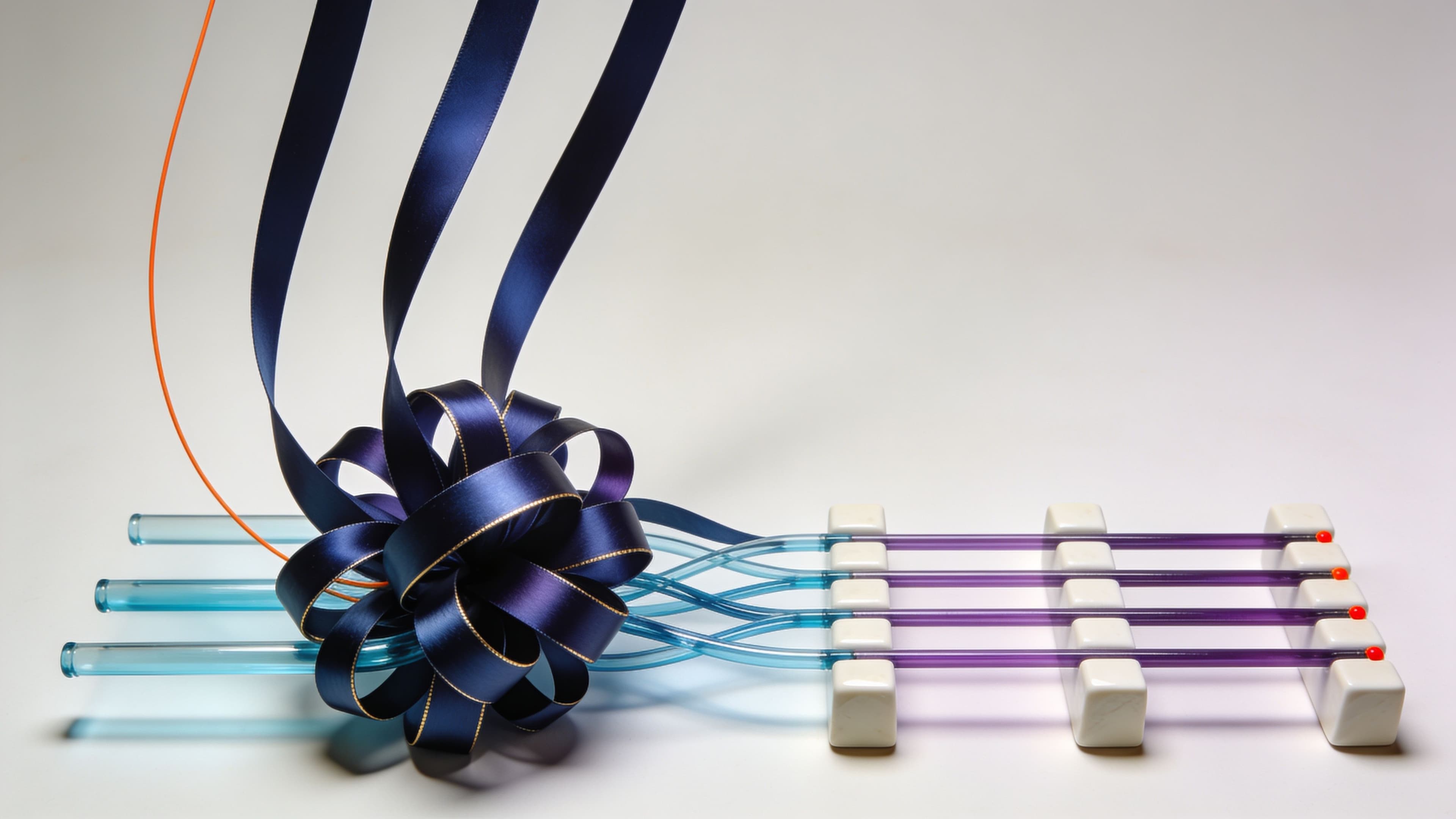 Cobalt ribbons and glass strands untangle into four orderly paths.