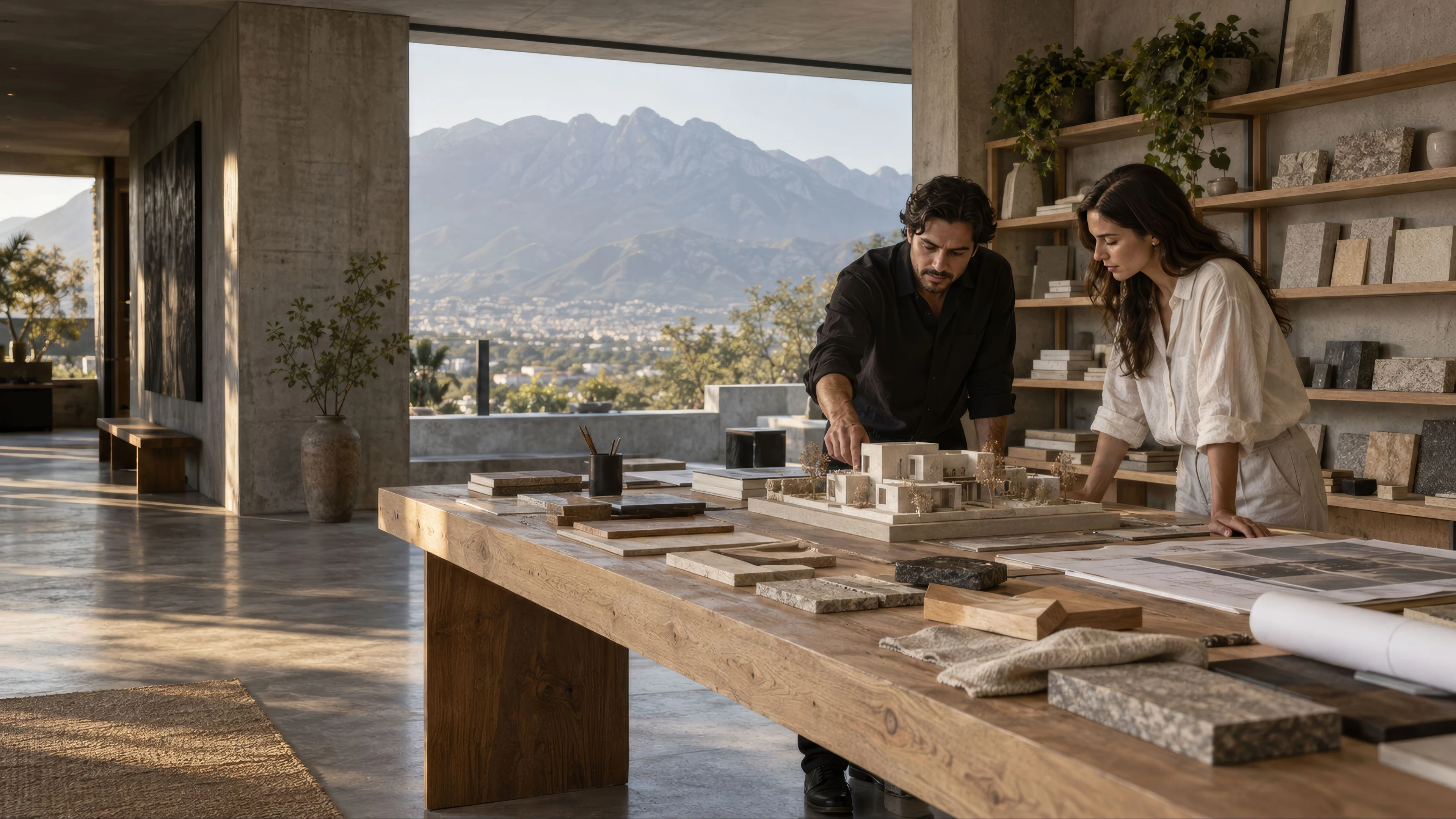 Escena ilustrativa de un estudio de arquitectura revisando una maqueta y materiales.