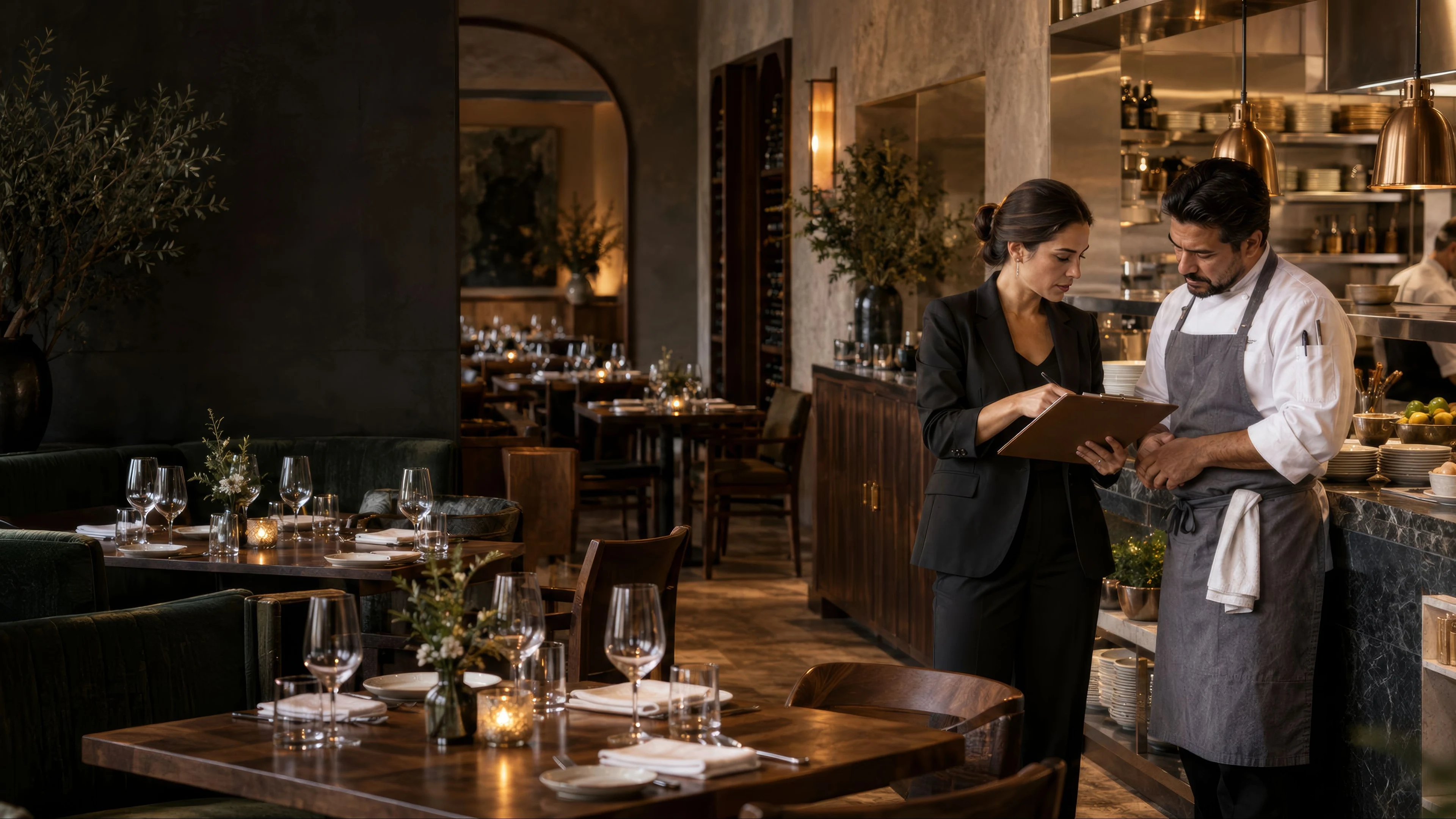 Escena ilustrativa del equipo de un restaurante preparando el servicio.