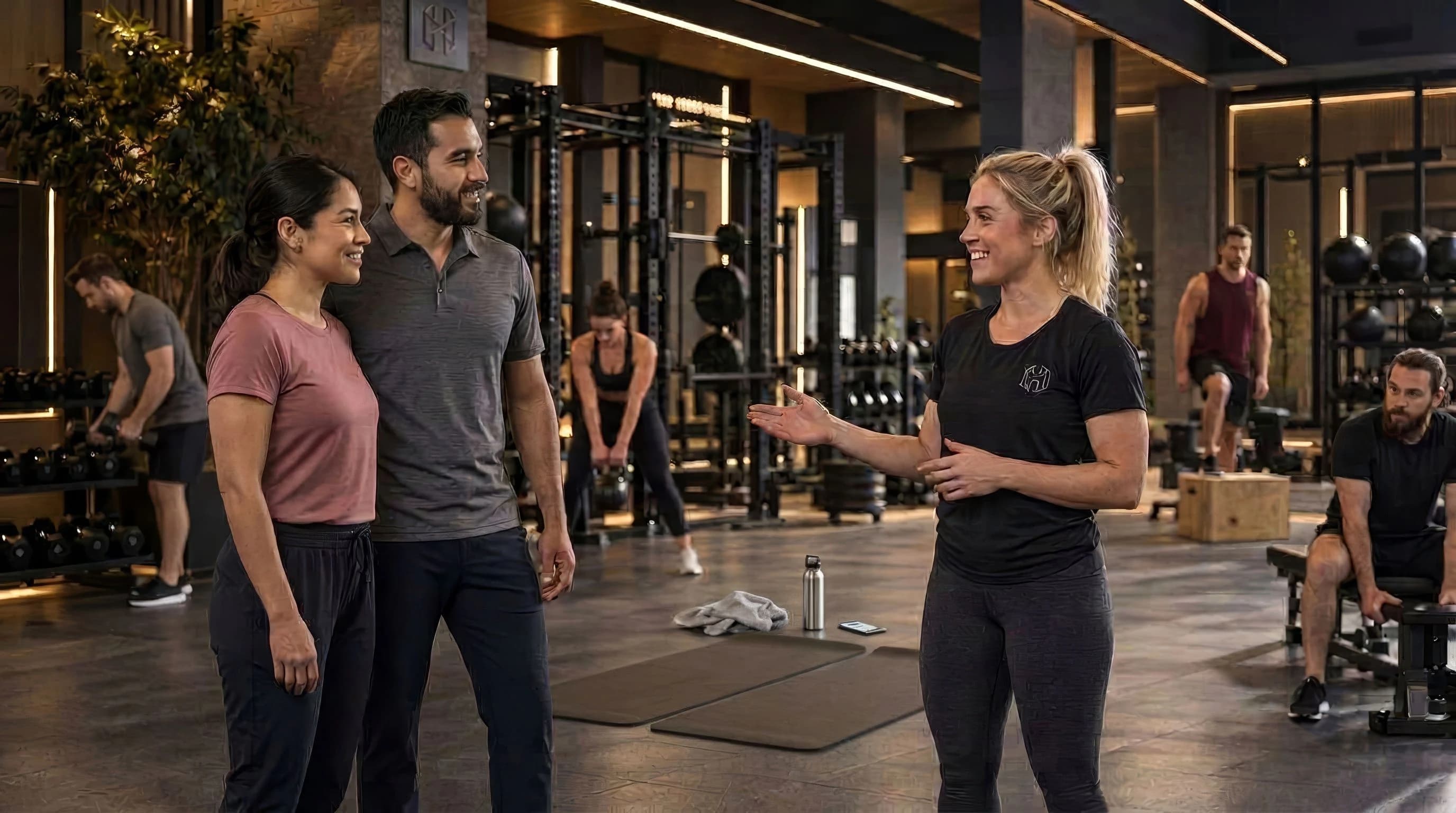 Escena ilustrativa de una clase de HIIT para mujeres en un gimnasio contemporáneo.
