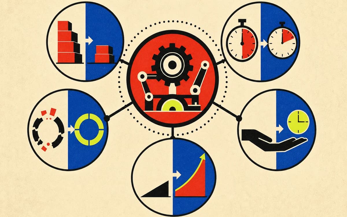 A visual automation ROI scorecard connecting cost, cycle time, errors, recovered capacity, and margin impact.