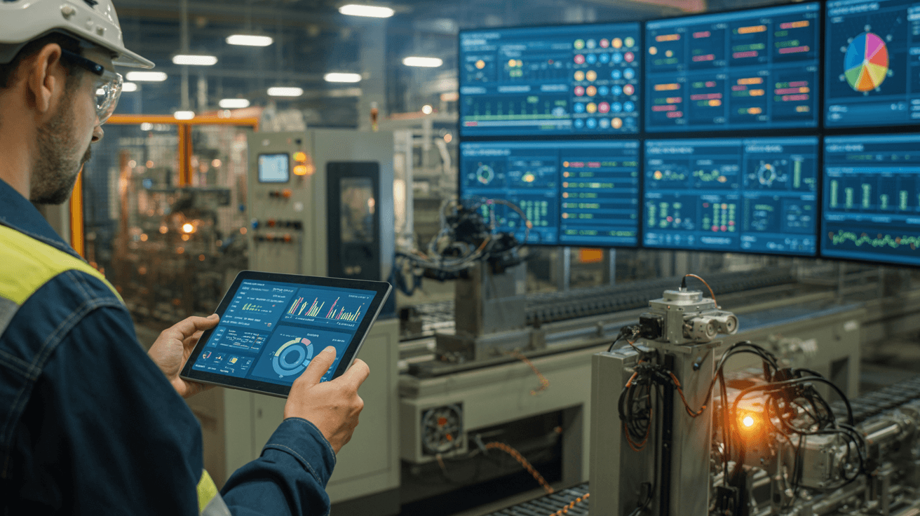Industrial operators reviewing production information in a control room