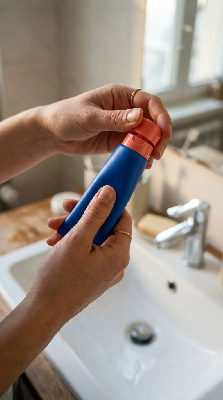 Creator-style close-up of hands using a blue cosmetic product in a home bathroom