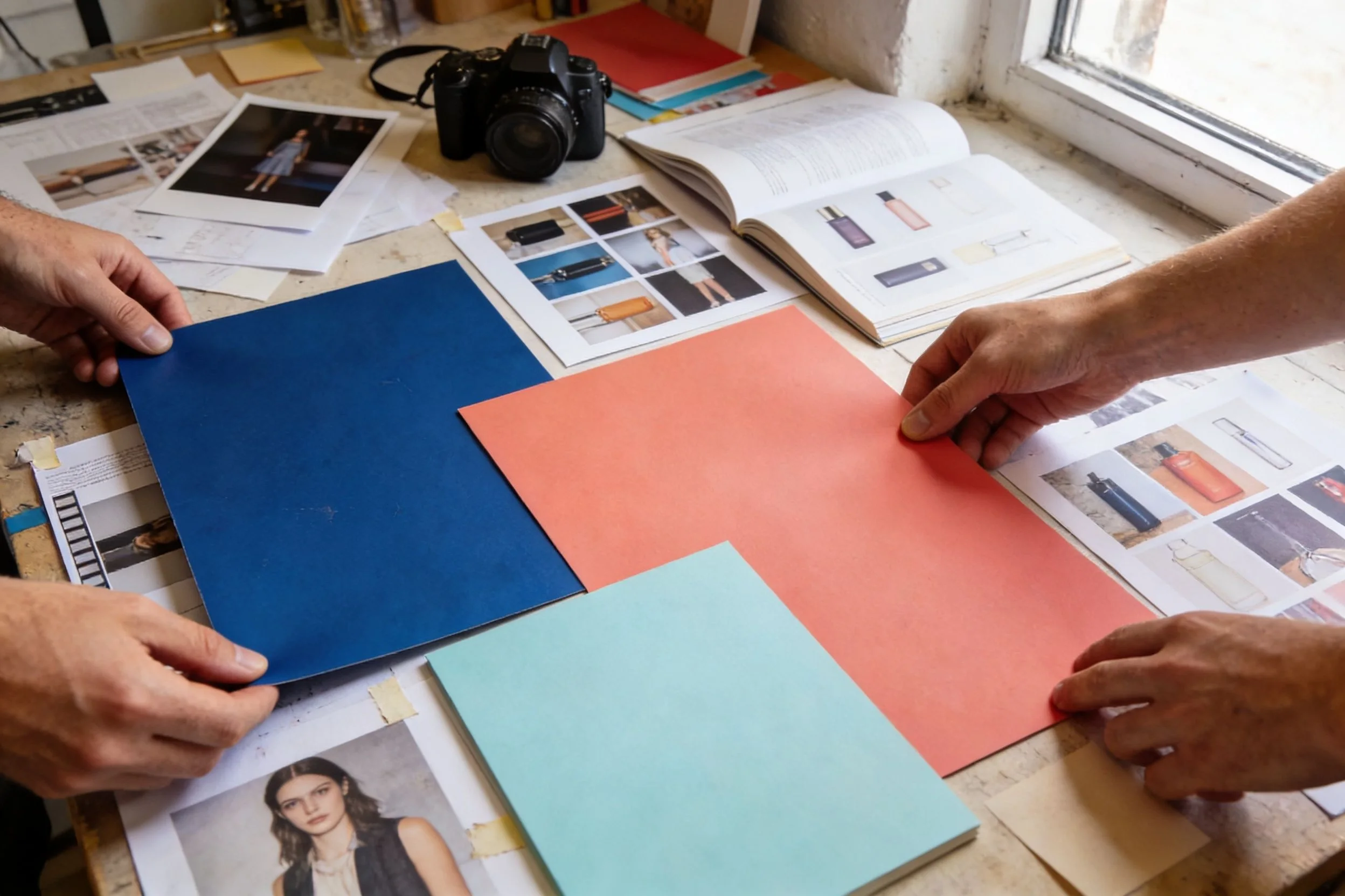 Hands reviewing printed campaign concepts, color swatches, and art direction on a studio table