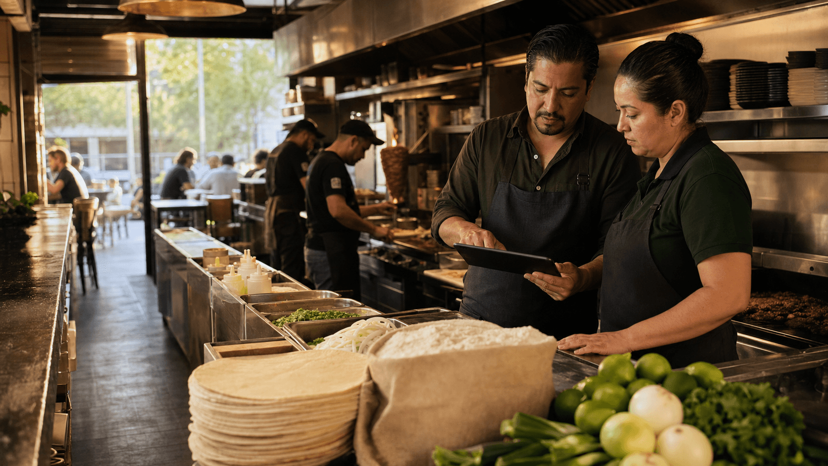 Operators reviewing inventory inside a busy taco shop